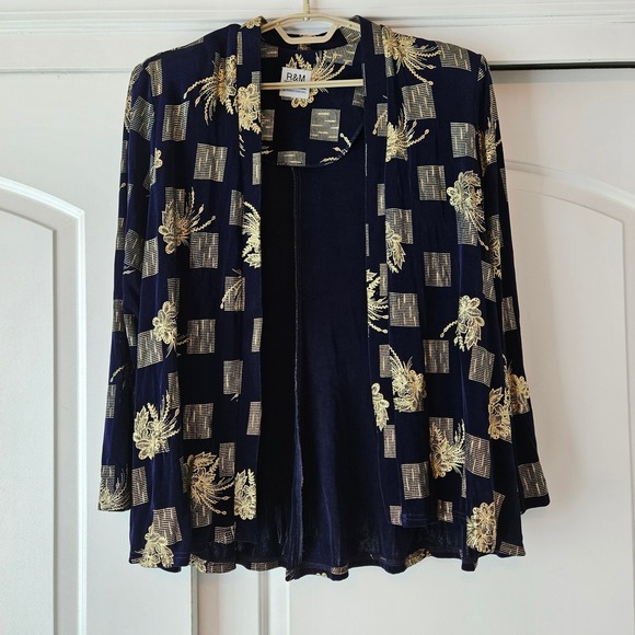 R&M Richards Sweaters - R&M Richards Open‎ Front Cardigan Size Large Navy Gold Floral Metallic